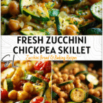 Close-up of golden chickpeas and sliced zucchini in a skillet capturing a healthy meatless zucchini recipe.